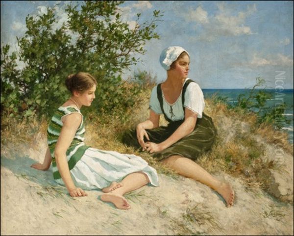 Taiteilijan Tyttaret Rannalla (the Artist's Daughters On The Beach) Oil Painting by Hermann Seeger