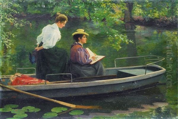 Marie Seeger And Her Sister In A Boat Oil Painting by Hermann Seeger