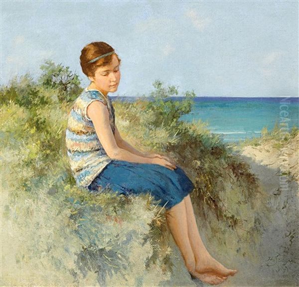 Madchen In Den Dunen Am Nordseestrand Auf Sylt Oil Painting by Hermann Seeger