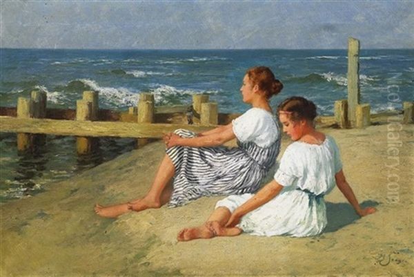 Die Musestunde. Zwei Madchen Am Strand, Die Abendsonne Geniesend Oil Painting by Hermann Seeger