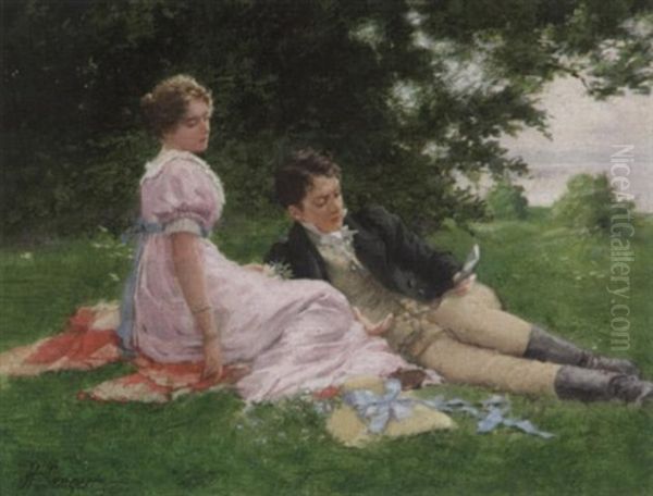 Tete A Tete. Ein Jungling Mit Seiner Liebsten Bei Der Lekture In Einem Sommerlichen Park Oil Painting by Hermann Seeger