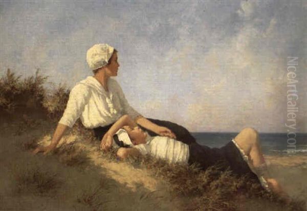 Junge Frau Und Madchen Am Strand Oil Painting by Hermann Seeger