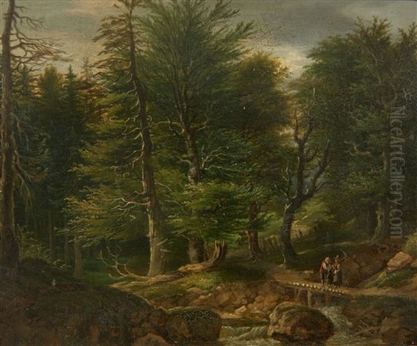 A Wooded Landscape With A Peasant Family Oil Painting by Karl Ludwig Seeger