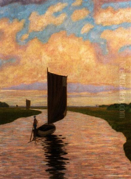 Flusslandschaft Mit Booten An Einem Sommerabend Oil Painting by Hermann Seekamp