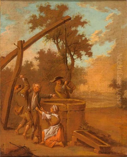 Paar Gemalde: Strasenmusikanten Vor Kate - Figurenszene Am Brunnen Oil Painting by Johann Conrad Seekatz