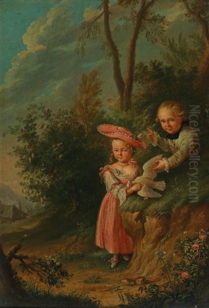 A Boy And A Girl With A White Dove Oil Painting by Johann Conrad Seekatz