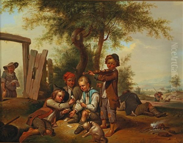 Children Fishing; And Children Playing Oil Painting by Johann Conrad Seekatz