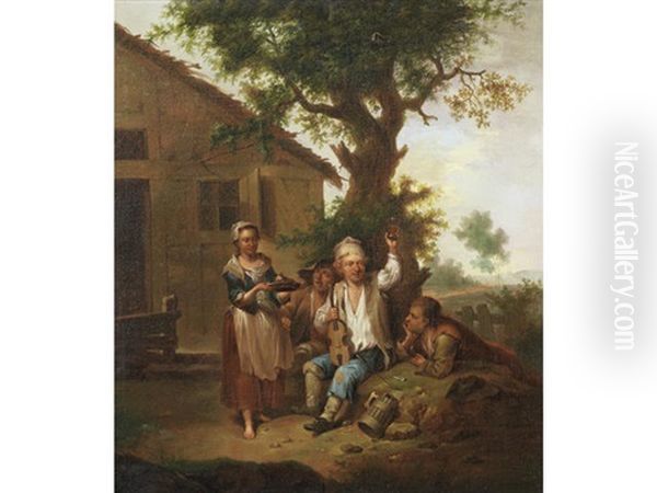 Peasants Drinking And Making Music Before An Inn Oil Painting by Johann Conrad Seekatz