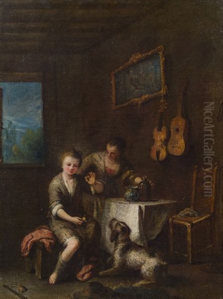 Interieur Mit Dame, Knabe Und Hund Oil Painting by Johann Conrad Seekatz