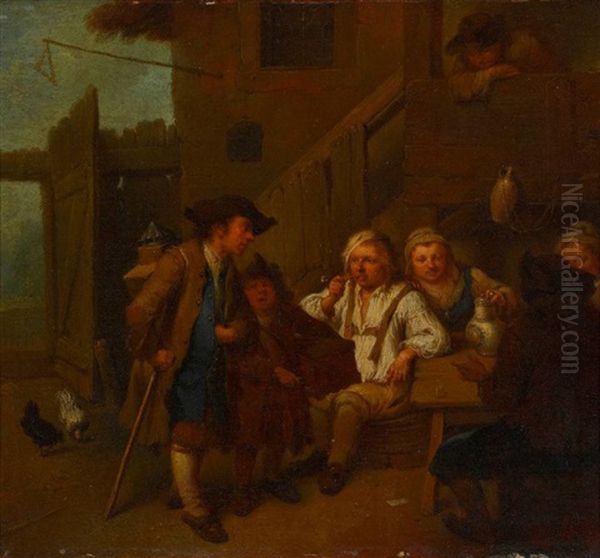 Ein Hausierer Bei Bauern Vor Der Schanke - Ein Fahrender Musikant Bei Spielenden Und Zechenden Bauern (pair) Oil Painting by Johann Conrad Seekatz