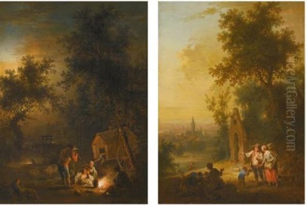 A Landscape With Travellers At Night Resting By A Roadside Fire; A Landscape With Travellers Outside A Town (pair) Oil Painting by Johann Conrad Seekatz