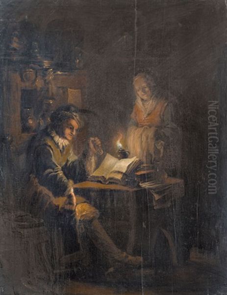 Nachtliches Interieur Mit Lesenden Und Alter Magd Oil Painting by Johann Conrad Seekatz