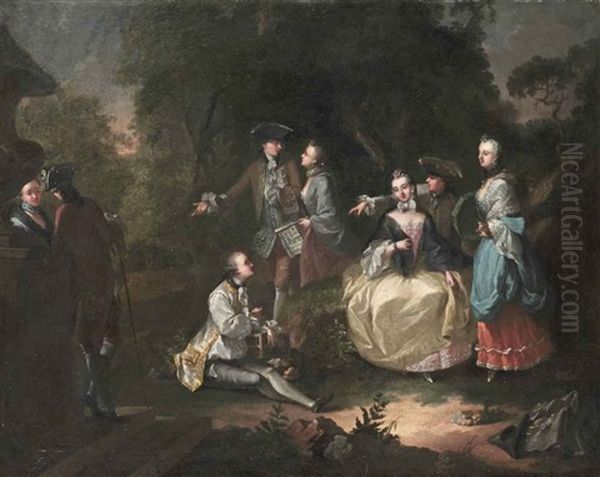 An Elegant Company Making Merry In A Garden Landscape Oil Painting by Johann Conrad Seekatz