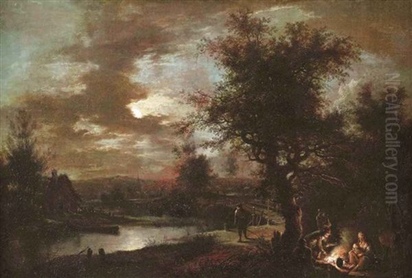 A Moonlit River Landscape With Figures By A Fire Oil Painting by Johann Conrad Seekatz