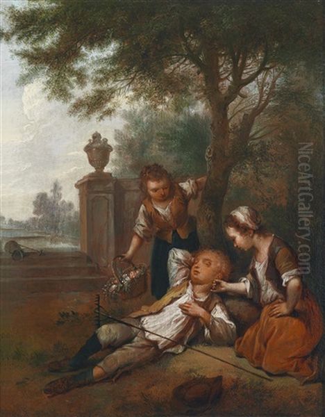 Zwei Magde Necken Einen Schlafenden Weinbauern Oil Painting by Johann Conrad Seekatz