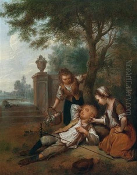 Zwei Magde Necken Einen Schlafenden Weinbauern Oil Painting by Johann Conrad Seekatz