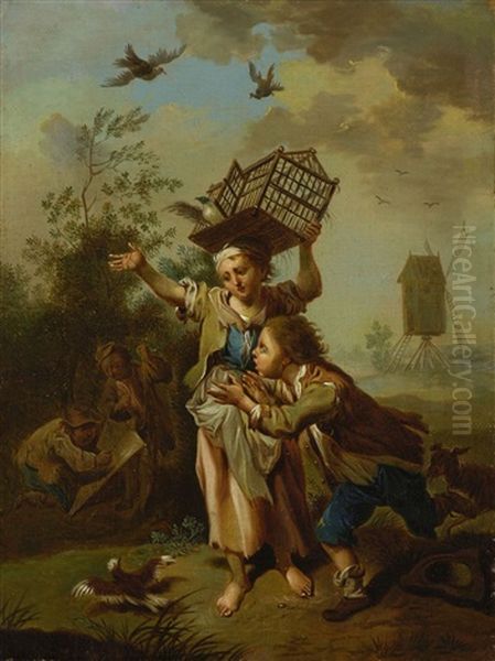 Madchen Und Knabe Mit Vogelbauer Oil Painting by Johann Conrad Seekatz