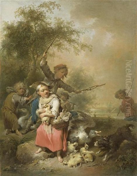 Bauernkinder Mit Enten Und Gansen Vor Einer Landschaft Mit Baumen Oil Painting by Johann Conrad Seekatz