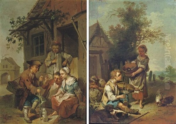 A Boy Musician With A Washer Girl (+ Another ; Pair) Oil Painting by Johann Conrad Seekatz