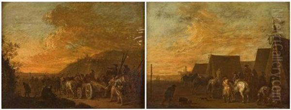 Le Convoi Militaire Au Soleil Couchant (+ Le Campement Militaire Au Soleil Levant; Pair) Oil Painting by Johann Conrad Seekatz