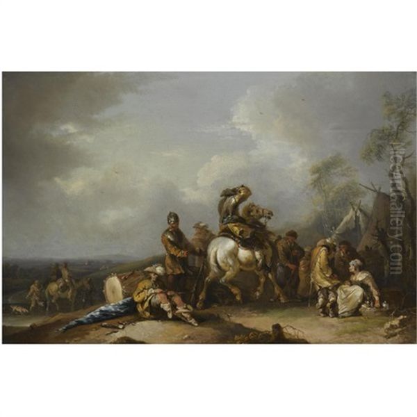 An Outdoor Scene With Horsemen And Musicians At Rest Oil Painting by Johann Conrad Seekatz