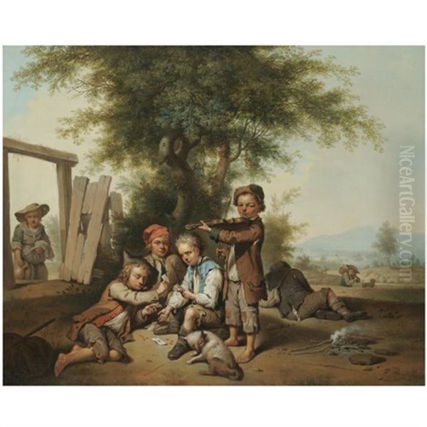 Young Boys Playing Cards And The Violin In A Landscape Oil Painting by Johann Conrad Seekatz