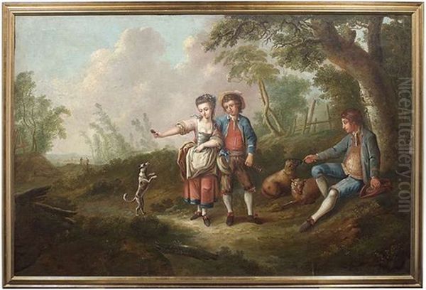 Paar Mit Einem Hundchen, Zu Ihrer Seite Ein Am Wegesrand Sitzender Mann, Der Ein Schaf Futtert Oil Painting by Johann Conrad Seekatz