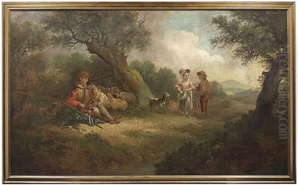 Rastender Schafer Am Fus Eines Eichenbaumes, Weiter Entfernt Ein Madchen Und Ein Knabe Oil Painting by Johann Conrad Seekatz