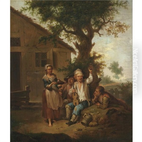 Peasants Drinking And Making Music Before An Inn Oil Painting by Johann Conrad Seekatz