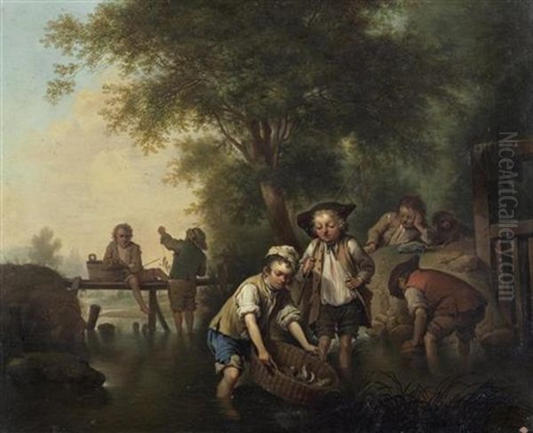 Angelnde Buben Am Fluss Oil Painting by Johann Conrad Seekatz