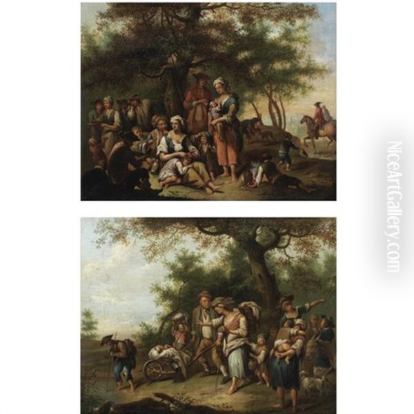 Peasants Resting Beside A Path (+ Travellers Crossing The Countryside; Pair) Oil Painting by Johann Conrad Seekatz