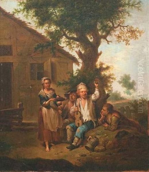 Violoniste Et Villageois Sous Un Chene Devant Un Cabaret De Campagne Oil Painting by Johann Conrad Seekatz