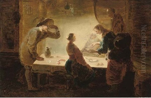 A Fortune-teller Reading A Young Girl's Palm At A Table, With Three Men Watching Oil Painting by Johann Conrad Seekatz