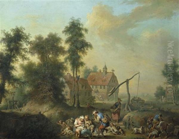 Bauerliche Szene Vor Einem Ziehbrunnen Oil Painting by Johann Conrad Seekatz