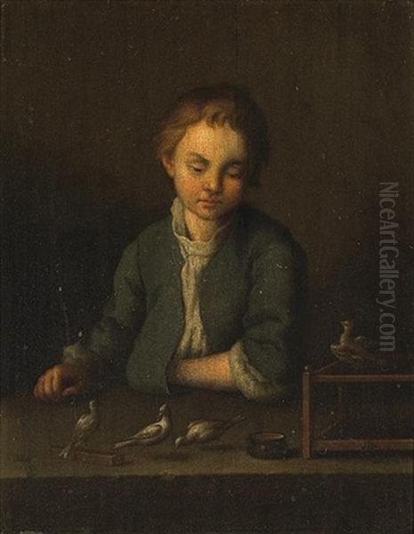 A Study Of A Young Boy With His Pet Birds Oil Painting by Johann Conrad Seekatz