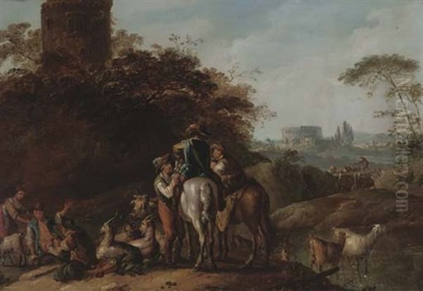 An Italianate Landscape With Travellers Resting With Herdsmen By A Tower Oil Painting by Johann Conrad Seekatz