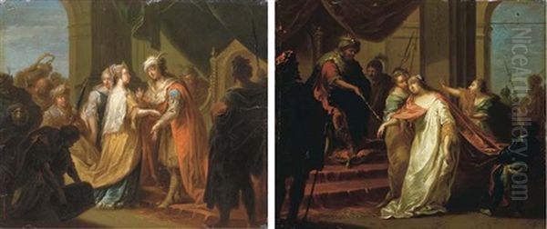 The Queen Of Sheba Before King Solomon (+ Esther Before Ahasuerus; Pair) Oil Painting by Johann Conrad Seekatz