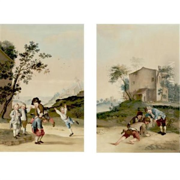 Children Playing In A Landscape (+ Another Similar; Pair) Oil Painting by Johann Conrad Seekatz