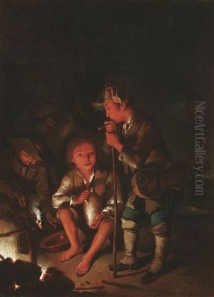 Kinder Am Feuer (+ Another, Similar; 2 Works) Oil Painting by Johann Conrad Seekatz