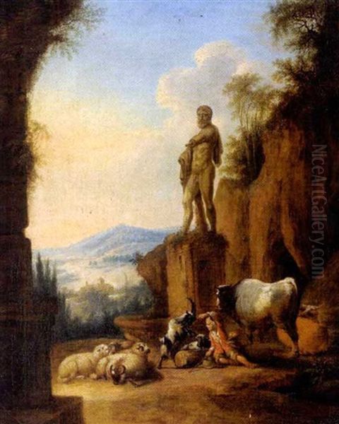 Sudliche, Gebirgige Landschaft Mit Der Statue Des Herkules, Einem Hirten Und Herde Oil Painting by Johann Conrad Seekatz