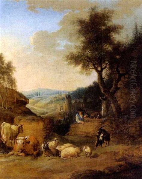 Bewaldete Landschaft Mit Ruinen, Einem Hirten Und Herde Oil Painting by Johann Conrad Seekatz