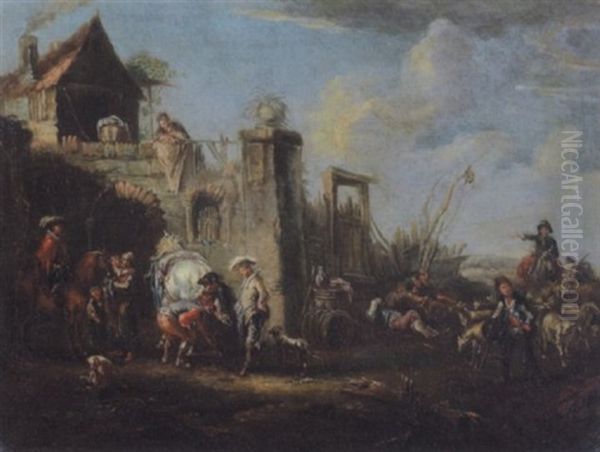 Belebte Szene Vor Einem Langasthof Mit Hufschmied Oil Painting by Johann Conrad Seekatz