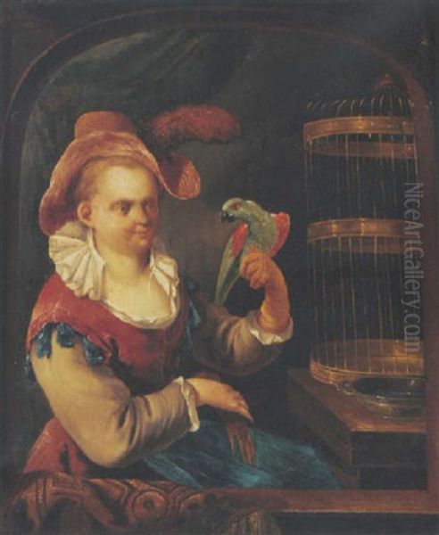 A Lady With A Parrot At A Casement Oil Painting by Johann Conrad Seekatz