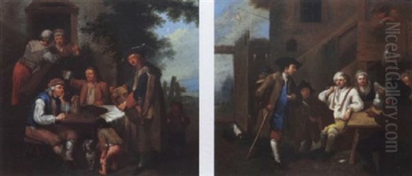 Peasants Smoking And Drinking Outside The An Inn; A Musician Standing Nearby Smoking And Resting Peasants Outside An Inn Oil Painting by Johann Conrad Seekatz