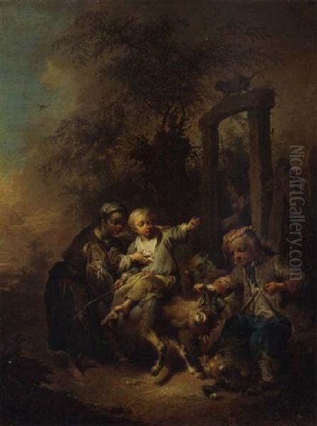 A Young Peasant Family Disporting With A Billy Goat In A Farmyard Oil Painting by Johann Conrad Seekatz