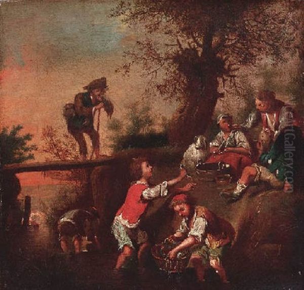 Fischende Kinder Oil Painting by Johann Conrad Seekatz