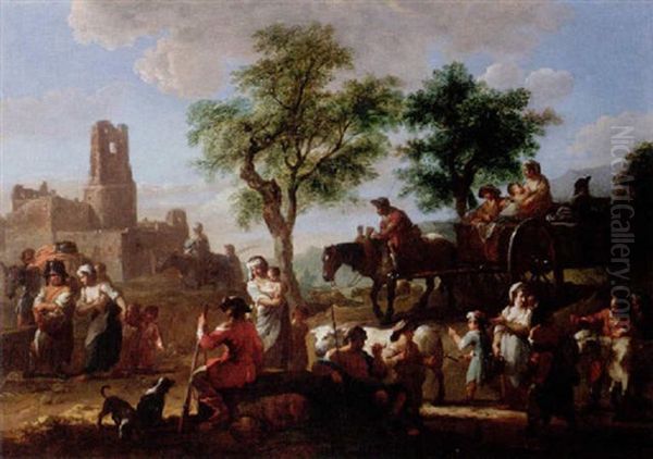 A Landscape With A Horse And Cart And Other Travellers Near Ruins by Johann Conrad Seekatz