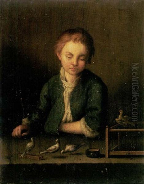 A Young Boy With His Pet Birds Oil Painting by Johann Conrad Seekatz