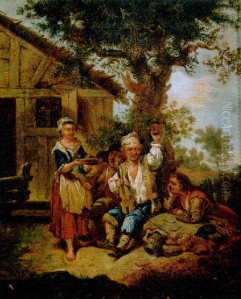 A Violinist Accompanied By Travellers Outside An Inn Oil Painting by Johann Conrad Seekatz