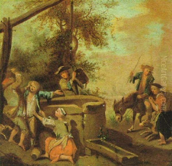 Raufende Knaben An Einem Brunnen Oil Painting by Johann Conrad Seekatz